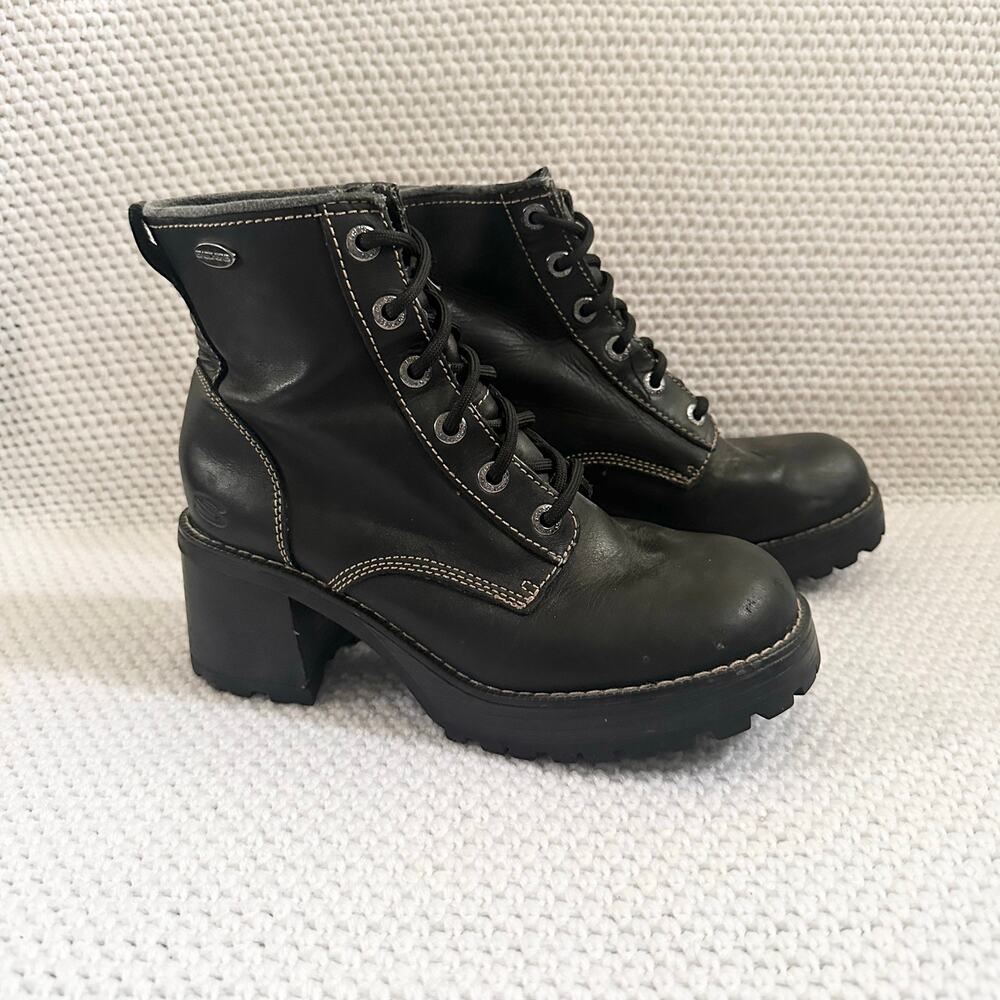 Skechers Black Leather Y2K Stitching Grunge Chunky Lug Sole Lace Up Boots 8.5 - Picture 2 of 11